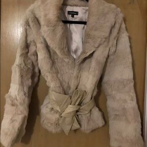 Bebe, short fur coat, beige, leather tie.